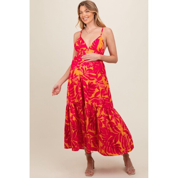 Dress Forum LA Palm Print Tiered Dress Orange + Pink Adjustable Straps Medium - Picture 9 of 10